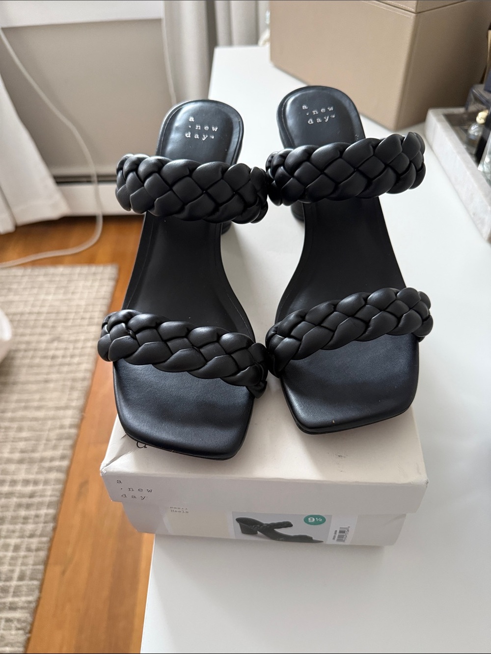 Black Braided Double-Strap Slide Mules